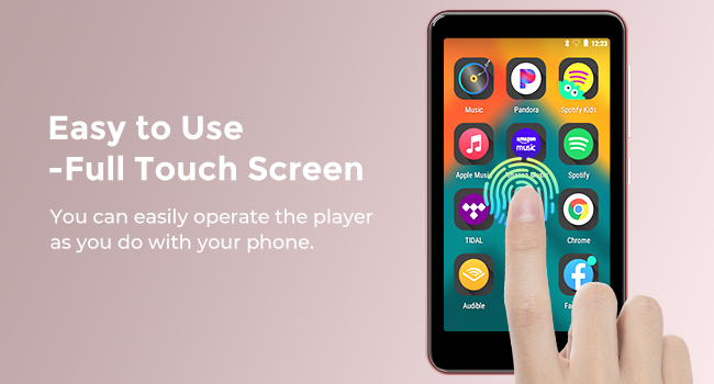 Text reads 'Easy to Use', 'Full Touch Screen', 'You can easily operate the player as you do with your phone.' Shows smartphone interface demonstrations with finger touch gestures.