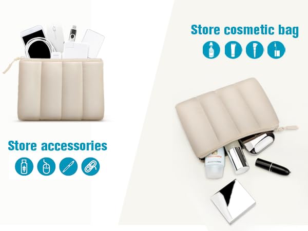 Two beige fabric cosmetic bags. One contains makeup accessories, labeled 'Store accessories'. The other, labeled 'Store cosmetic bag', displays makeup items spilling out.