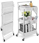johgee Foldable 3 Tier Metal Utility Rolling Cart, Folding Mobile Multi-Function Storage Trolley ...