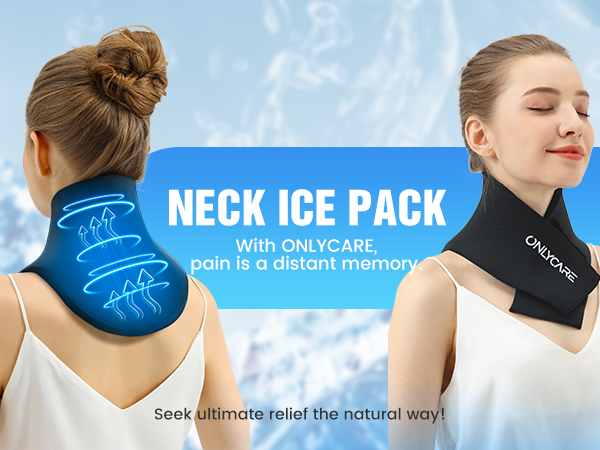 Neck ice pack showing blue cooling wrap and black neck support collar for pain relief, demonstrated in use on neck area.