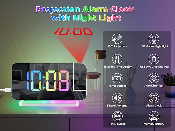 Projection led mirror digital alarm clock with rgb night light