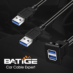 BATIGE - 2 PORTS DUAL SQUARE USB 3.0 CAR MOUNT FLUSH CABLE detail