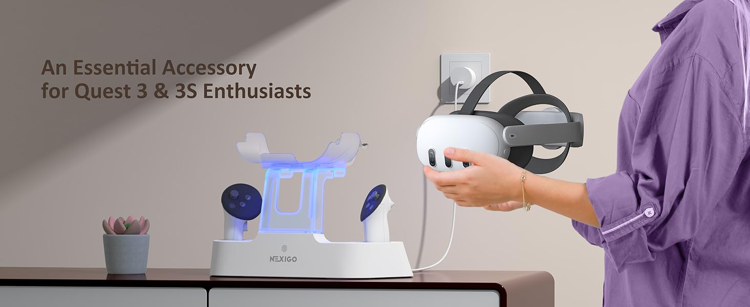One person put the Quest 3 headset on the charging dock to charge.