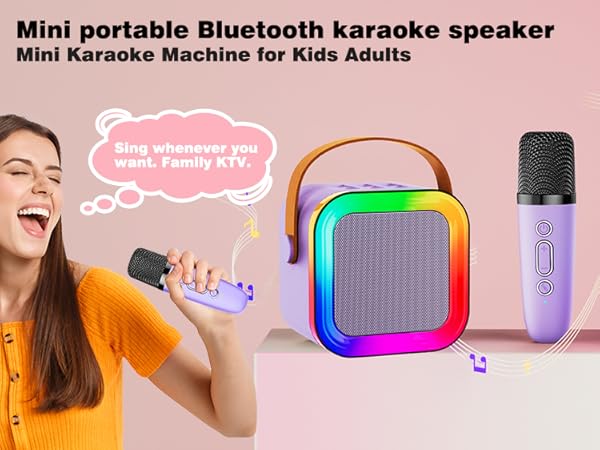Mini Karaoke Machine Speaker for Kids Adults, Portable Bluetooth with 2 Wireless Microphones