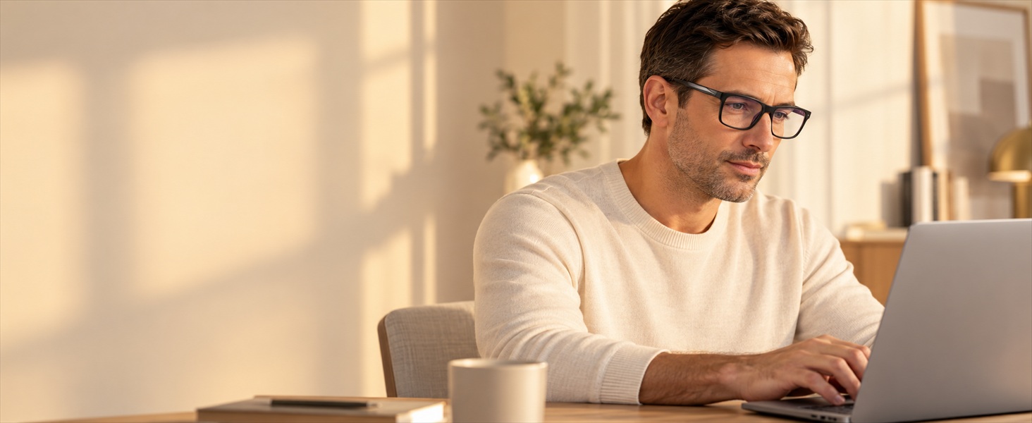 Man wearing black rectangular ZENOX glasses using a laptop in a sunlit home office.