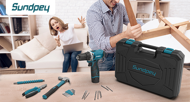 Sundpey tool set in black carrying case. Man assembling furniture, various tools scattered nearby. Includes screwdrivers and other hand tools.