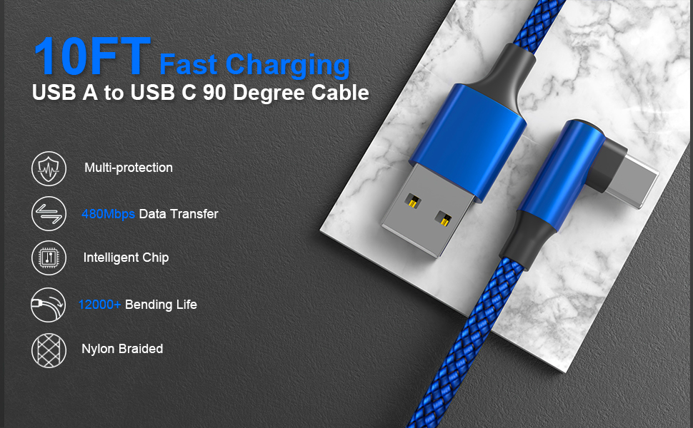 usb c cable 90 degree 10ft