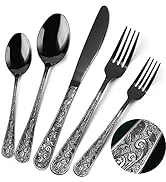 HENSENMEN Black Silverware Set, 30 Pieces Vintage Carved Flatware Set for 6, Stainless Steel Cutl...
