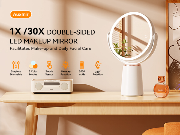 Auxmir lighted makeup mirror, 1X/30X with 3 color, touch sensor, 2000mAh battery, 360° rotation