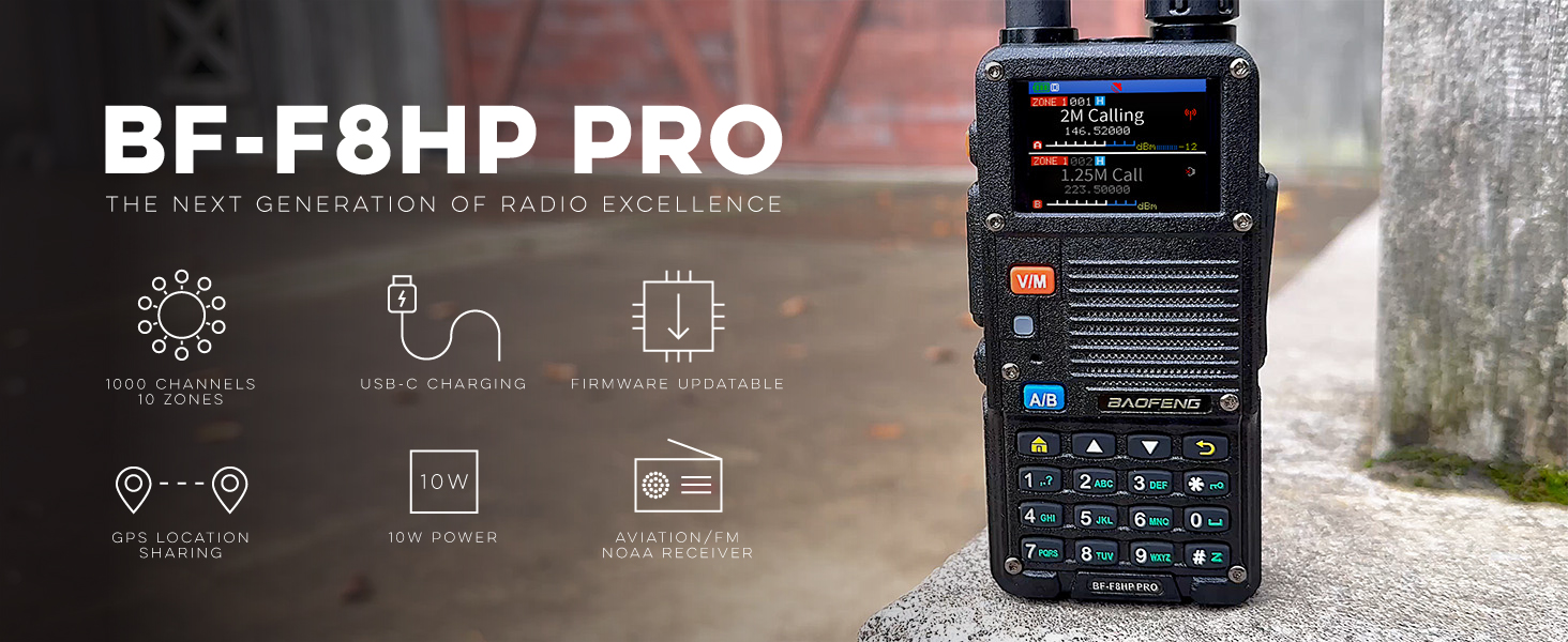 BF-F8HP PRO banner: 10W HT with USB-C, GPS sharing, NOAA/Airband, firmware updates, 1000 ch.