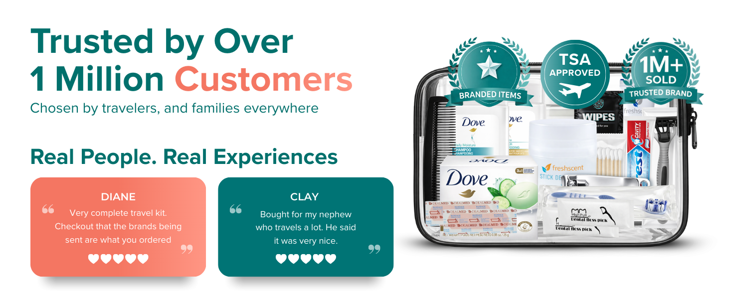 Close-up view of a clear travel toiletry bag filled with personal care items.
