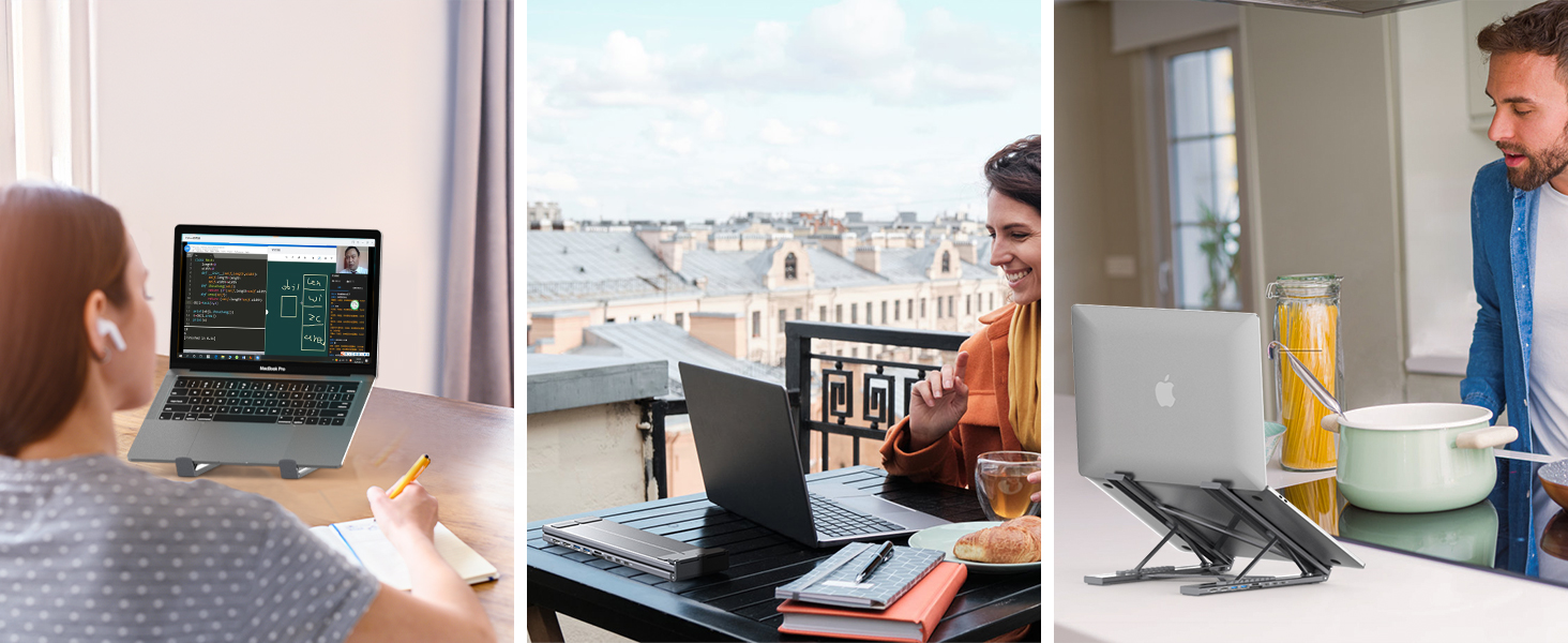 Series of images showing laptop or computer setups in various home office environments, featuring desk arrangements and workspaces.