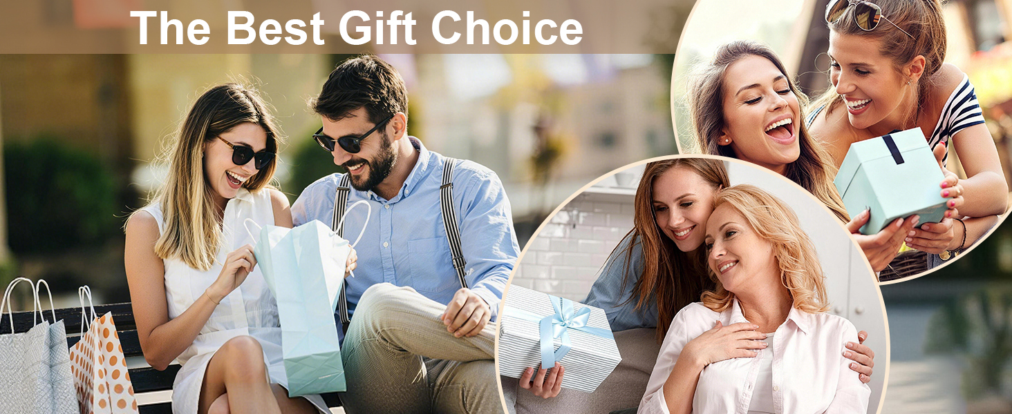 Text reads "The Best Gift Choice." Multiple generational family gathering outdoors enjoying beverages and socializing together in casual outdoor setting.