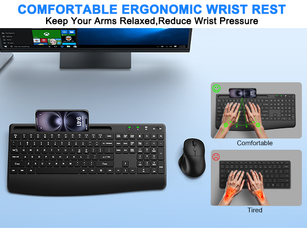 Wireless Keyboard and Mouse, Comfort Ergonomic Palm Rest Keyboard Mouse Combo Phone Holder