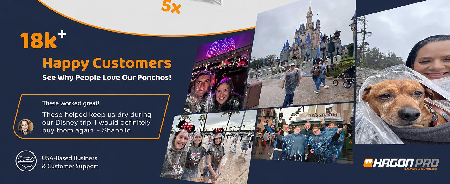 Customers wearing ponchos at theme parks and outdoor locations