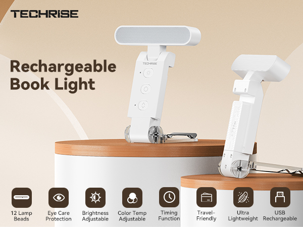 TechRise Book Light, 12 LED Rechargeable Reading Lamp with 5 Color Modes &amp;amp; 6 Brightness Levels, 80H