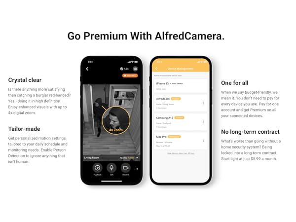Premium features include 4x zoom, person detection, multi-device use, and no long-term contract.