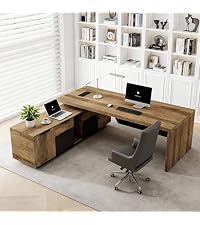 63 Inch L-Shaped Executive Desk, Industrial Modern Wood Office Desk with Locking Drawers, Built-in C...