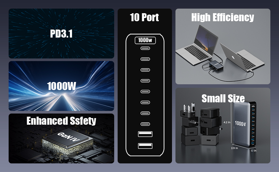 USB C Charger Block Charging Station Hub,8 Port GaN III Fast Charging Brick