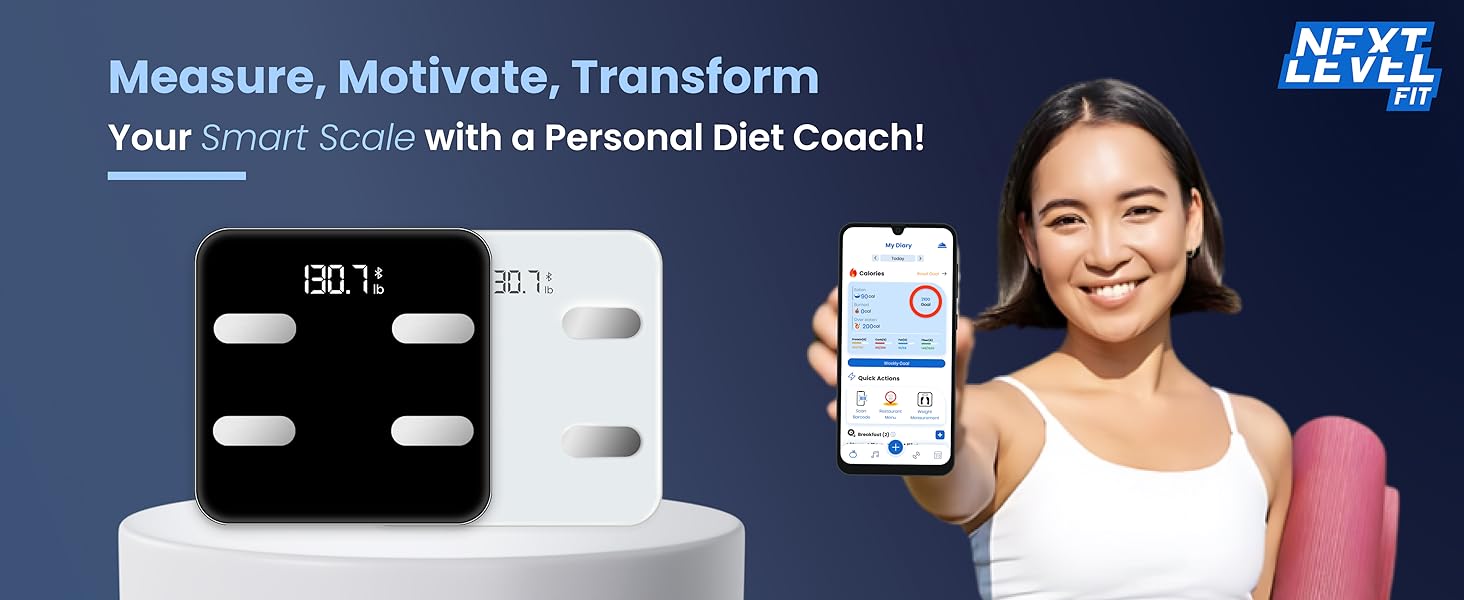 Black &amp; White Smart Scale for body weight &amp; fat percentage with a girl holding mobile fitness app 