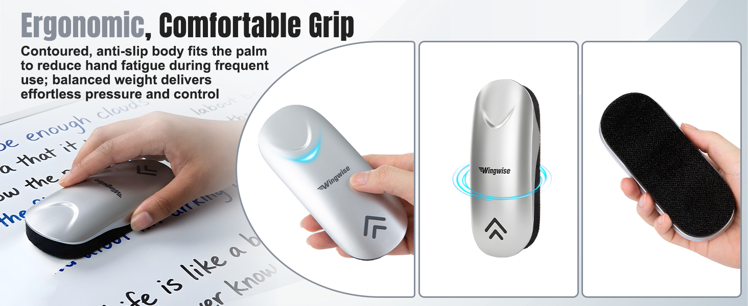 Wingwise ergonomic dry erase eraser with comfortable grip design.