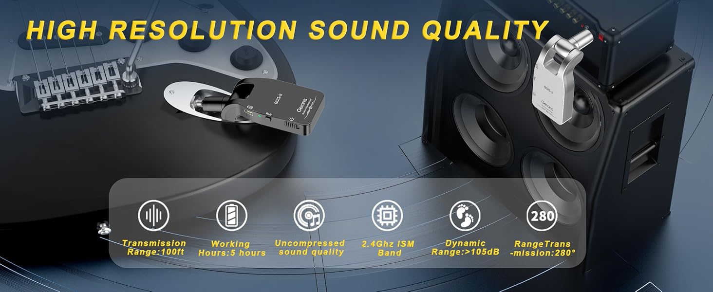 Audio equipment showcasing high resolution sound quality. Features icons for transmission range, working time, frequency response, battery life, drivers, and impedance.