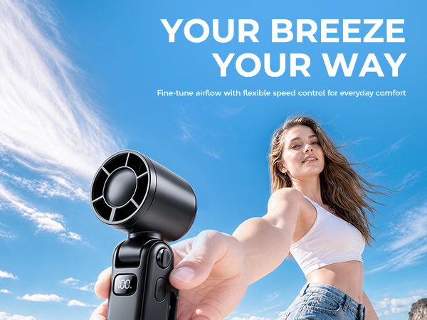 Portable clip-on fan with 100-speed control, 3600mAh battery and 4-in-1 cooling design.