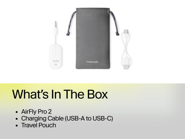AirFly Pro 2 shown with USB-A to USB-C charging cable and gray Twelve South travel pouch.