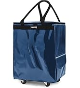 CIMAZHEN (Medium,Navy Blue) Reusable Grocery Bag on 4 Wheels, Foldable Rolling Tote Bag with 3 Ha...
