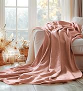 ISAENNE Pink Thin Waffle Weave 100% Cotton Throw Blanket,Solid Color Breathable Soft Cooling Blan...