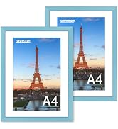 FIXSMITH A4 Picture Frame Set of 2, Blue Photo Frame with HD Plexiglass, Display Pictures 6x8 wit...