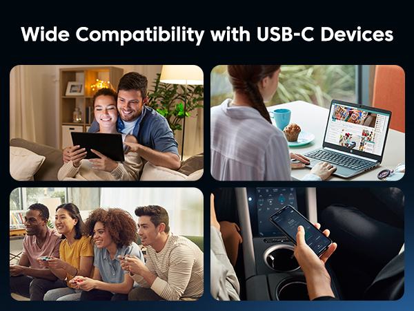 Four-panel image showcasing USB-C device compatibility. Panels display tablet use on couch, laptop video call, group using smartphones, and phone charging in car.