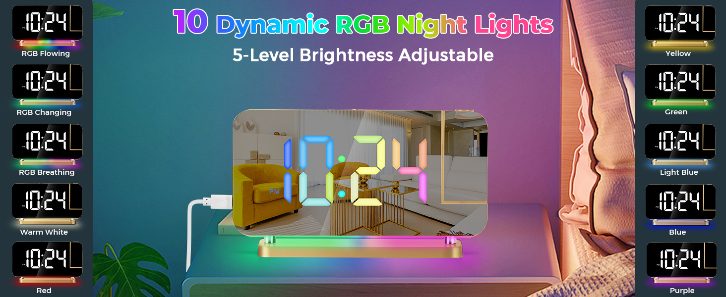 led mirror digital alarm clock with rgb night light