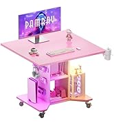 Pamray Small Rolling Gaming Desk with Led Lights Power Outlets and Storage Pegboard, Small Spaces...