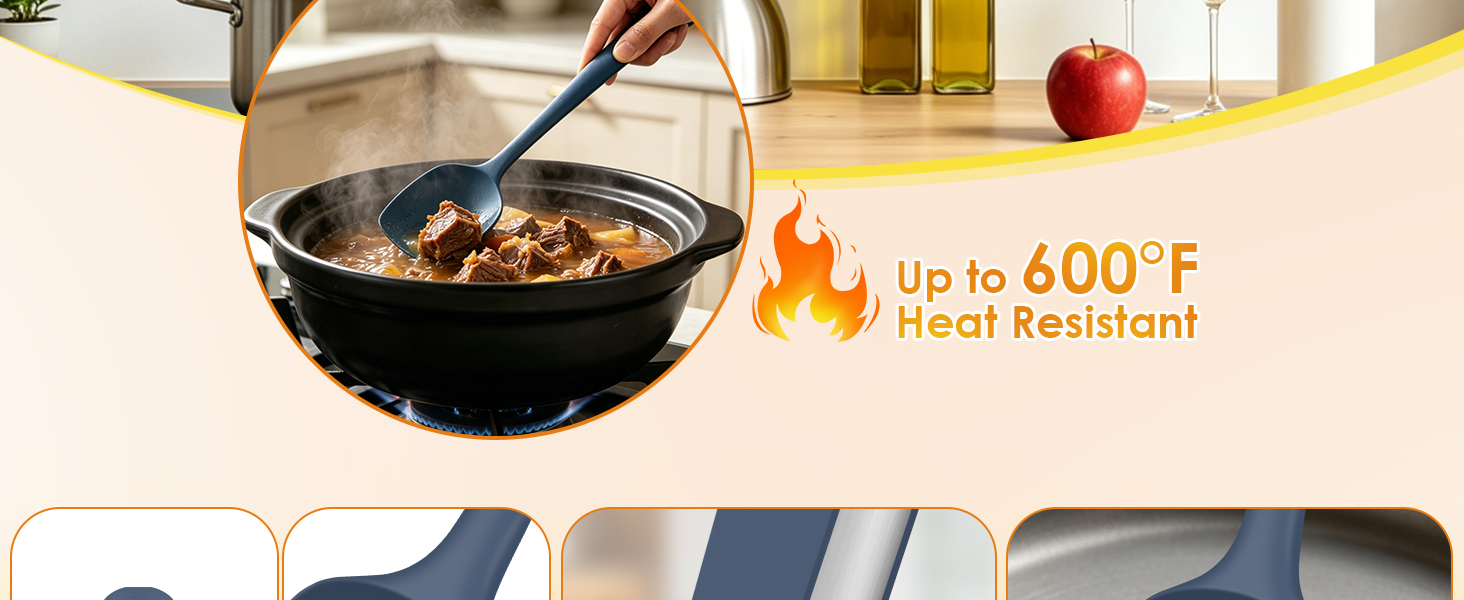 Silicone kitchen spatula stirring stew in a pot, heat resistant up to 600°F