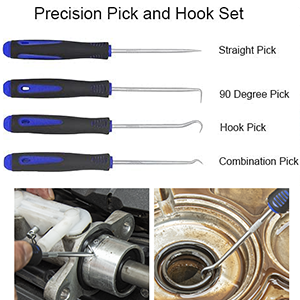 Precision pick and hook set with four tools: straight pick, 90 degree pick, hook pick, and combination pick. Blue handles. Shown in use on metal components.