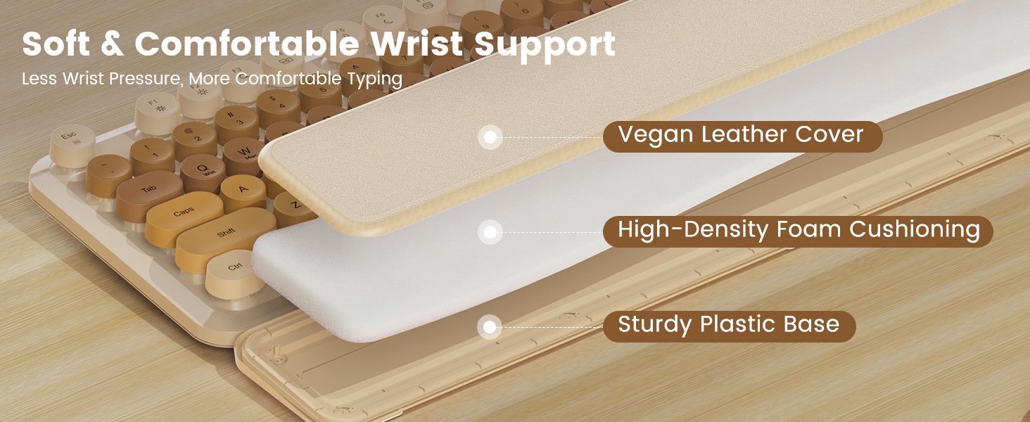 wrist rest cutaway showing vegan leather cover high density foam cushioning sturdy plastic base
