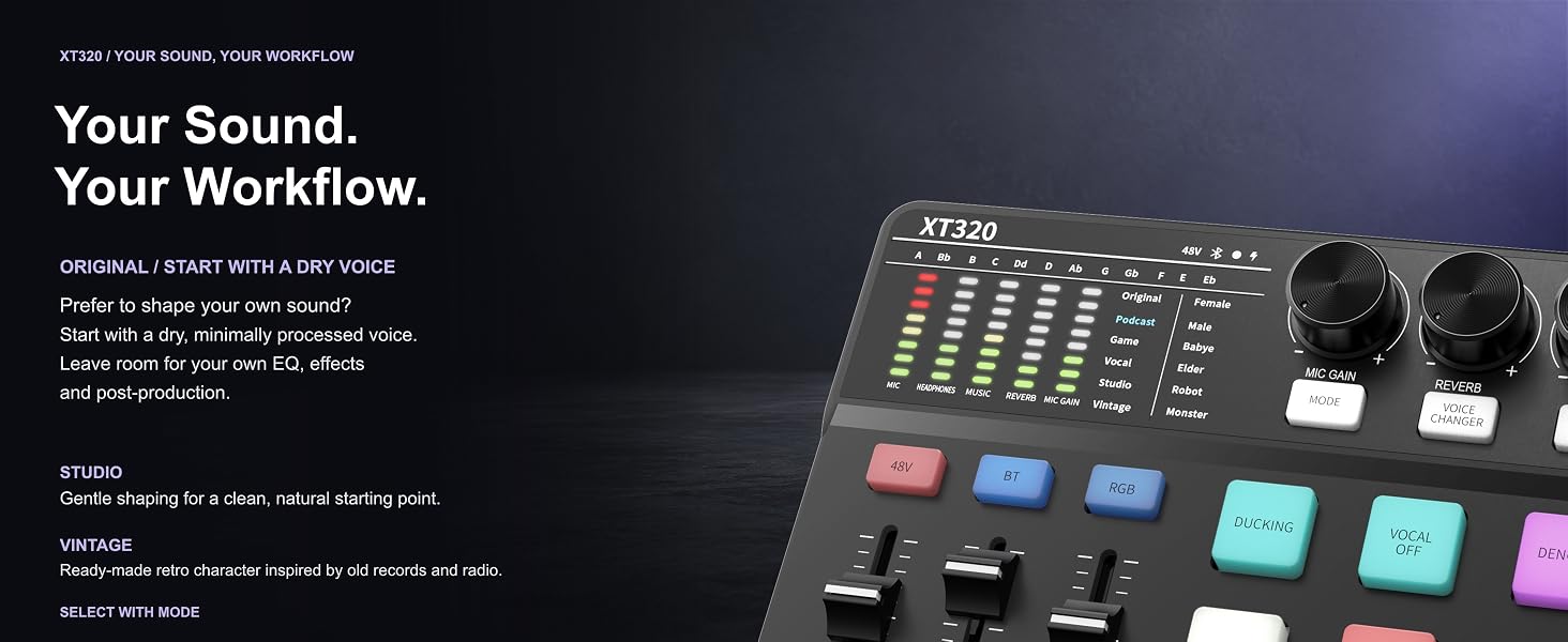 XT320 Original mode for dry vocals and post-production, plus Studio and Vintage sound presets.
