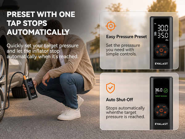 Driver sets target tire pressure before the cordless inflator stops automatically.
