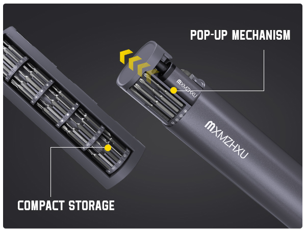 Text reads 'POP-UP MECHANISM' and 'COMPACT STORAGE'. Technical product image showing mechanical components with yellow highlight indicators.