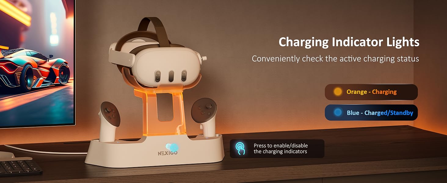 The charging dock has indicators on the support column and base sides.