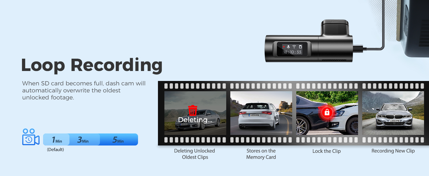 When SD card becomes full, dash cam will automatically overwrite the oldest unlocked footage.