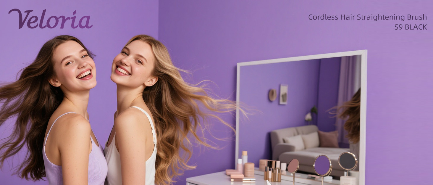 Veloria brand story banner featuring S9 Black in a purple beauty room setting
