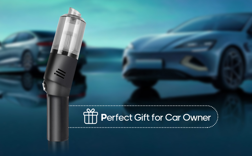 Handheld device with cylindrical shape, likely for car use. Blurred car in background. Text 'Perfect Gift for Car Owner' visible.