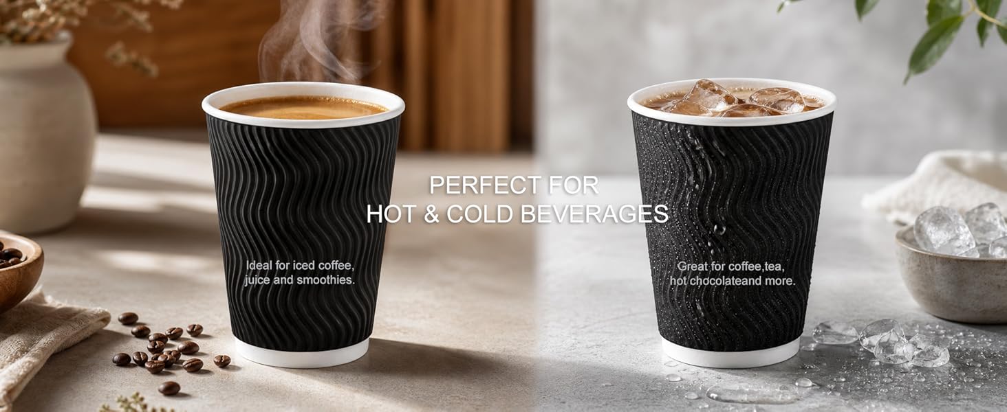 12 oz Disposable Paper Coffee Cups 100 Pack, Leak Proof Insulated Ripple Wall To-Go Cups