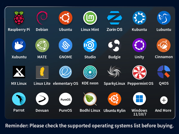 Logos of Linux Distros Supported by the Adapter Including Ubuntu Debian Raspberry Pi and More