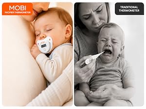 Calm baby with MOBI pacifier thermometer vs. crying baby with traditional thermometer.