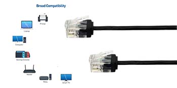Network cable compatibility diagram showing connections between various devices like computers, printers, and routers using black Ethernet cables.
