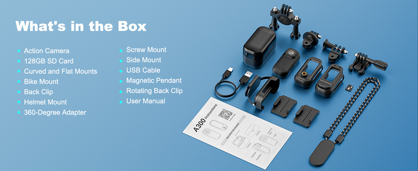 Text reads 'What's in the Box'. Product unboxing layout showing multiple camera mounting accessories and hardware components against blue background.
