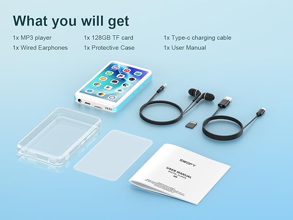 Text reads 'What you will get' Product contents layout showing MP3 player, USB-TF card, charging cable, user manual and accessories on light blue background.